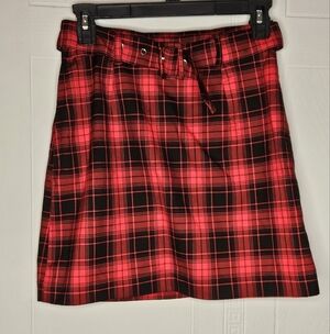 Divided by H&M Red Black Plaid Mini Skirt Belted Academia Grunge Punk Sz 4 EUC
